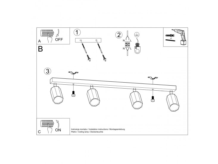 Zeke 4 tölgyfa mennyezeti lámpa