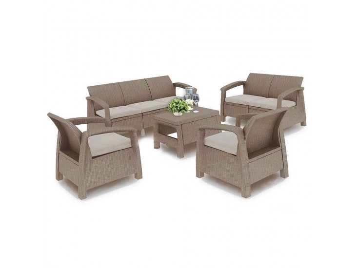 Corfu max set kerti bútor garnitúra, cappuccino színben, homok párnával