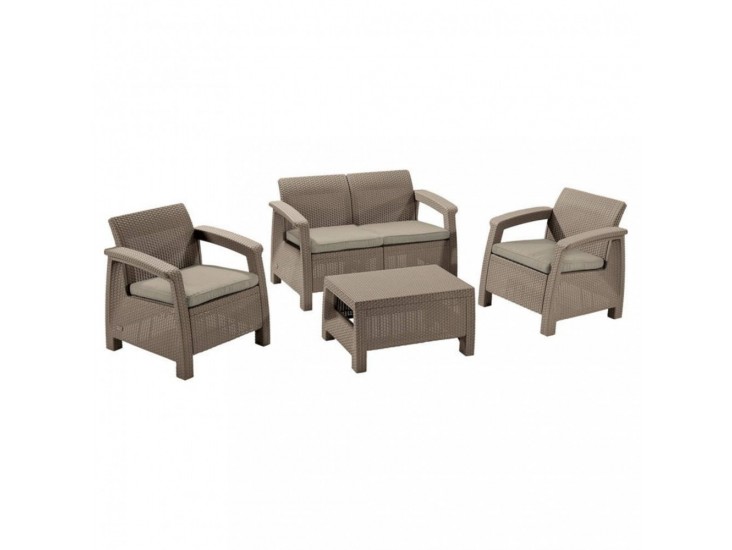 Corfu set kerti bútor garnitúra, cappuccino színben, homok párnával