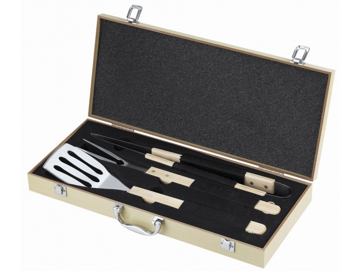 3 db-os grill eszköz készlet fadobozban