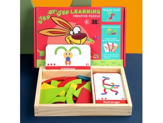 Mágneses tangram fajáték angol kártyákkal, közép szint