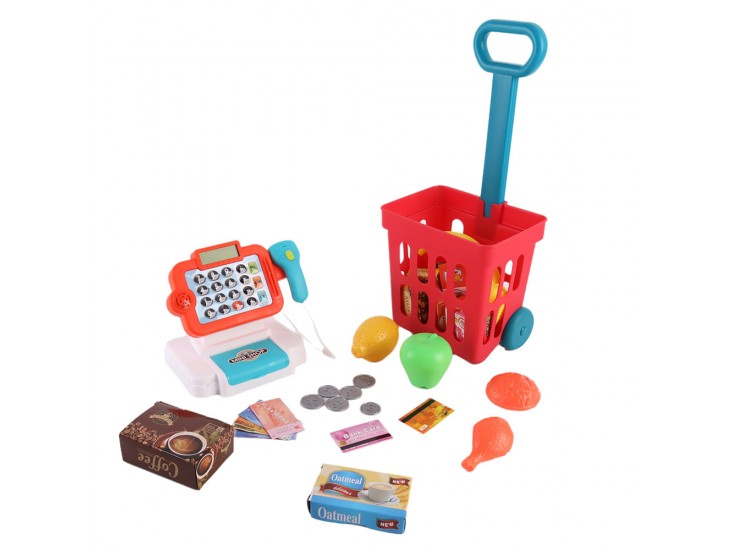 Játék bolti pénztárgép tele bevásárlókocsival, 32 db-os