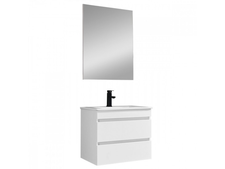 Cube Fürdőszobabútor 60 cm kerámia mosdóval (2 fiókos) tükörrel 60x80 cm magasfényű festett fehér