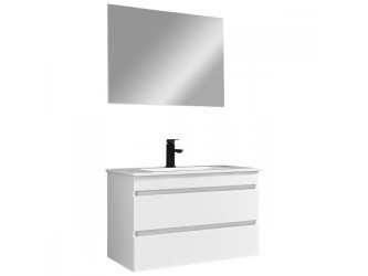 Cube Fürdőszobabútor 80 cm kerámia mosdóval (2 fiókos) tükörrel 60x80 cm magasfényű festett fehér