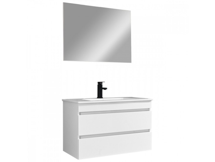 Cube Fürdőszobabútor 80 cm kerámia mosdóval (2 fiókos) tükörrel 60x80 cm magasfényű festett fehér