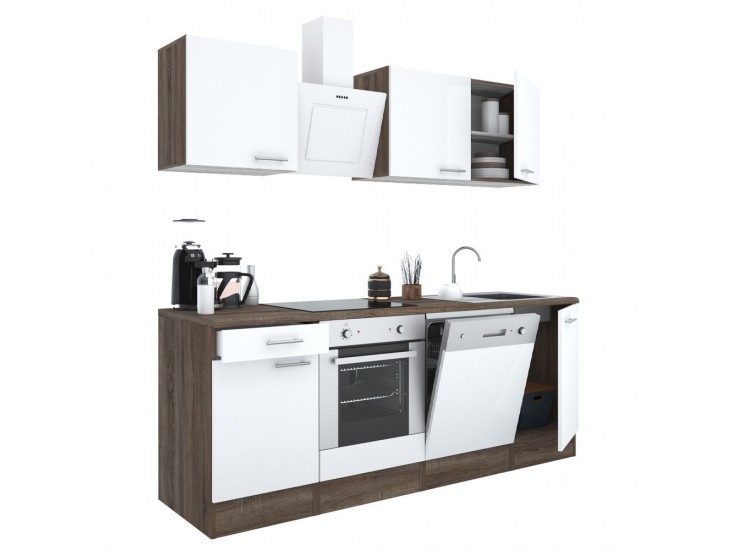 Yorki 220 konyhabútor yorki tölgy korpusz,selyemfényű fehér fronttal alsó sütős elemmel