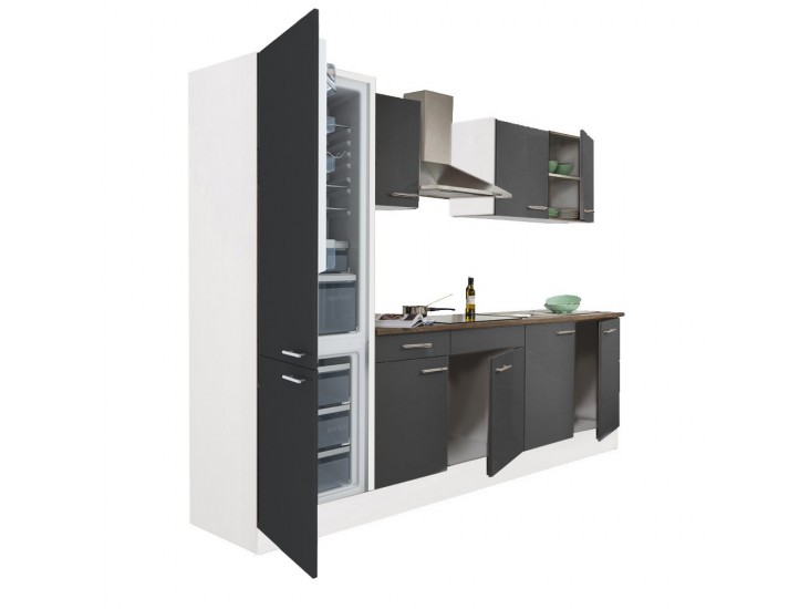 Yorki 270 konyhabútor fehér korpusz,selyemfényű antracit fronttal alulfagyasztós hűtős szekrénnyel