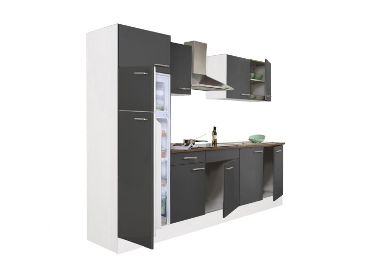 Yorki 270 konyhabútor fehér korpusz,selyemfényű antracit fronttal felülfagyasztós hűtős szekrénnyel