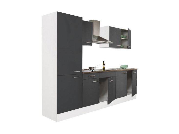 Yorki 270 konyhabútor fehér korpusz,selyemfényű antracit fronttal polcos szekrénnyel