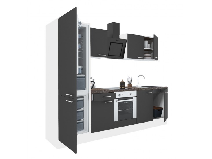 Yorki 270 konyhabútor fehér korpusz,selyemfényű antracit front alsó sütős elemmel alulfagyasztós hűtős szekrénnyel