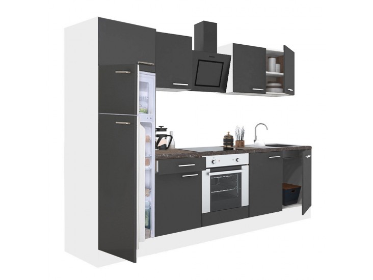 Yorki 270 konyhabútor fehér korpusz,selyemfényű antracit front alsó sütős elemmel felülfagyasztós hűtős szekrénnyel