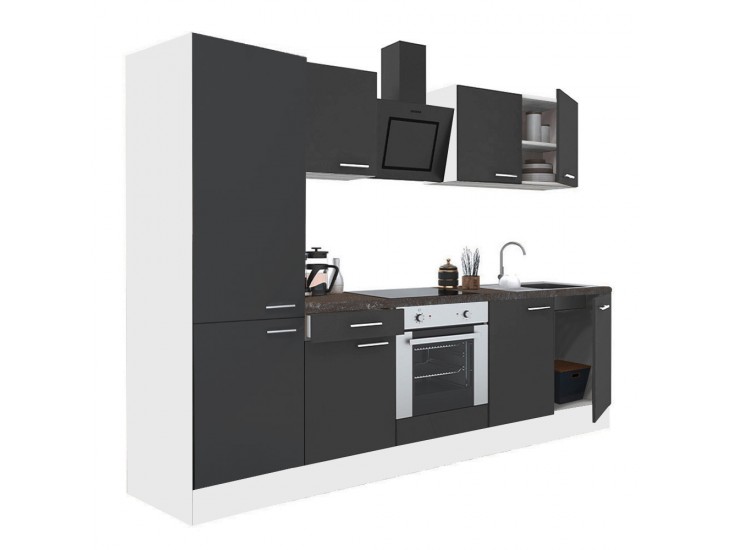 Yorki 270 konyhabútor fehér korpusz,selyemfényű antracit front alsó sütős elemmel polcos szekrénnyel