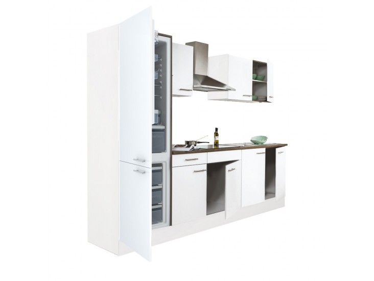 Yorki 270 konyhabútor fehér korpusz,selyemfényű fehér fronttal alulfagyasztós hűtős szekrénnyel