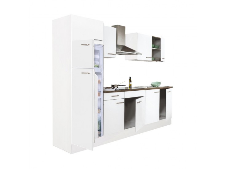 Yorki 270 konyhabútor fehér korpusz,selyemfényű fehér fronttal felülfagyasztós hűtős szekrénnyel