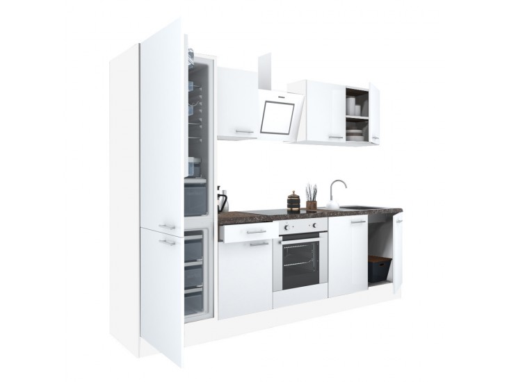 Yorki 270 konyhabútor fehér korpusz,selyemfényű fehér front alsó sütős elemmel alulfagyasztós hűtős szekrénnyel