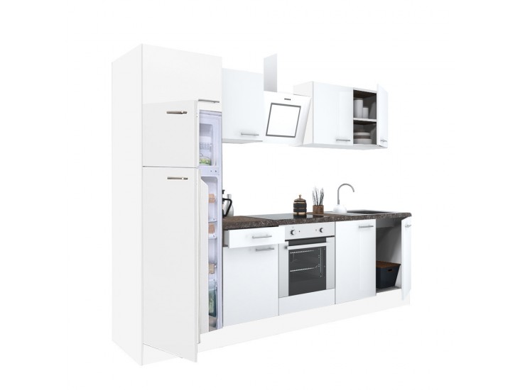 Yorki 270 konyhabútor fehér korpusz,selyemfényű fehér front alsó sütős elemmel felülfagyasztós hűtős szekrénnyel