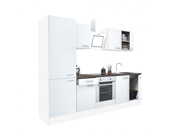 Yorki 270 konyhabútor fehér korpusz,selyemfényű fehér front alsó sütős elemmel polcos szekrénnyel