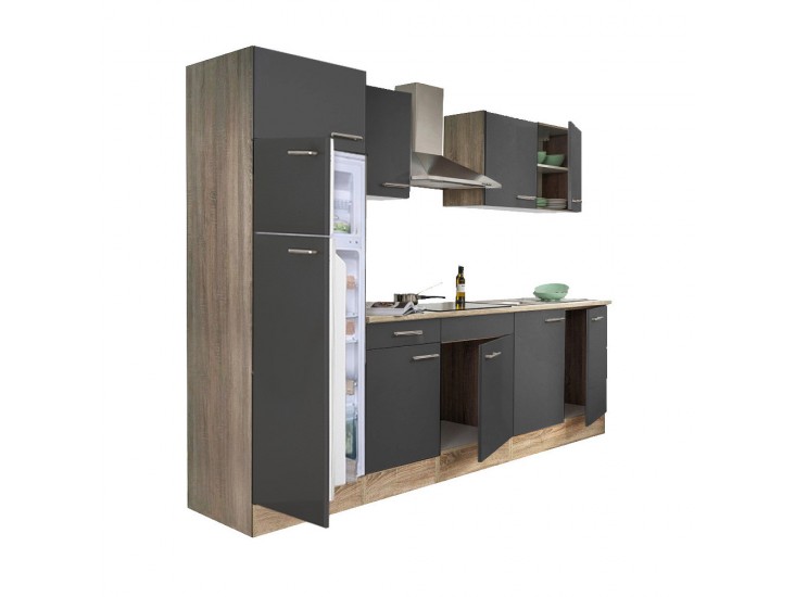 Yorki 270 konyhabútor sonoma tölgy korpusz,selyemfényű antracit fronttal felülfagyasztós hűtős szekrénnyel