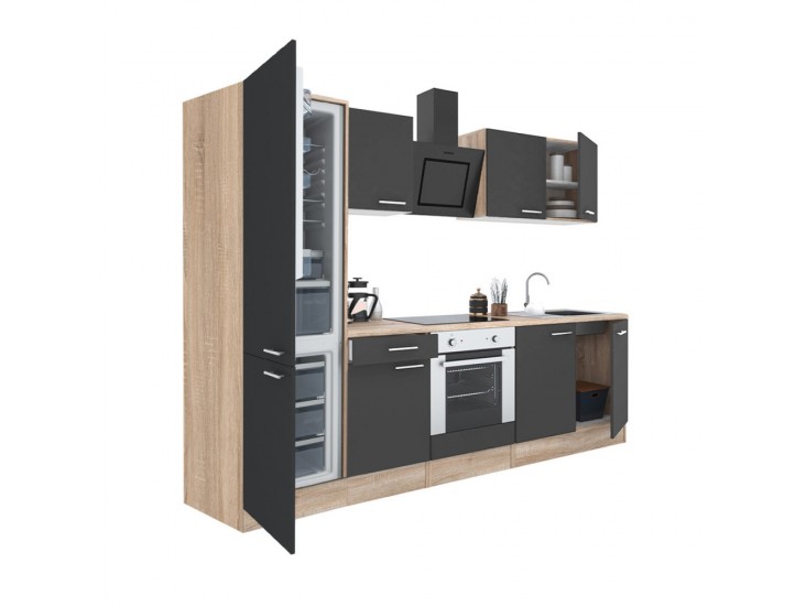 Yorki 270 konyhabútor sonoma tölgy korpusz,selyemfényű antracit front alsó sütős elemmel alulfagyasztós hűtős szekrénnyel