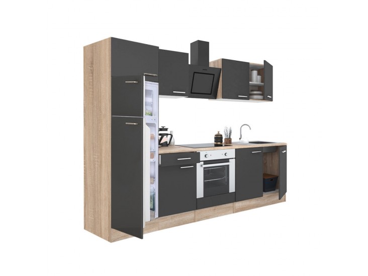 Yorki 270 konyhabútor sonoma tölgy korpusz,selyemfényű antracit front alsó sütős elemmel felülfagyasztós hűtős szekrénnyel
