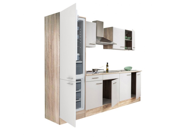 Yorki 270 konyhabútor sonoma tölgy korpusz,selyemfényű fehér fronttal alulfagyasztós hűtős szekrénnyel