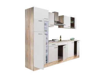 Yorki 270 konyhabútor sonoma tölgy korpusz,selyemfényű fehér fronttal felülfagyasztós hűtős szekrénnyel