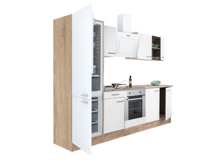 Yorki 270 konyhabútor sonoma tölgy korpusz,selyemfényű fehér front alsó sütős elemmel alulfagyasztós hűtős szekrénnyel