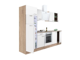 Yorki 270 konyhabútor sonoma tölgy korpusz,selyemfényű fehér front alsó sütős elemmel felülfagyasztós hűtős szekrénnyel