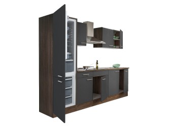 Yorki 270 konyhabútor yorki tölgy korpusz,selyemfényű antracit fronttal alulfagyasztós hűtős szekrénnyel