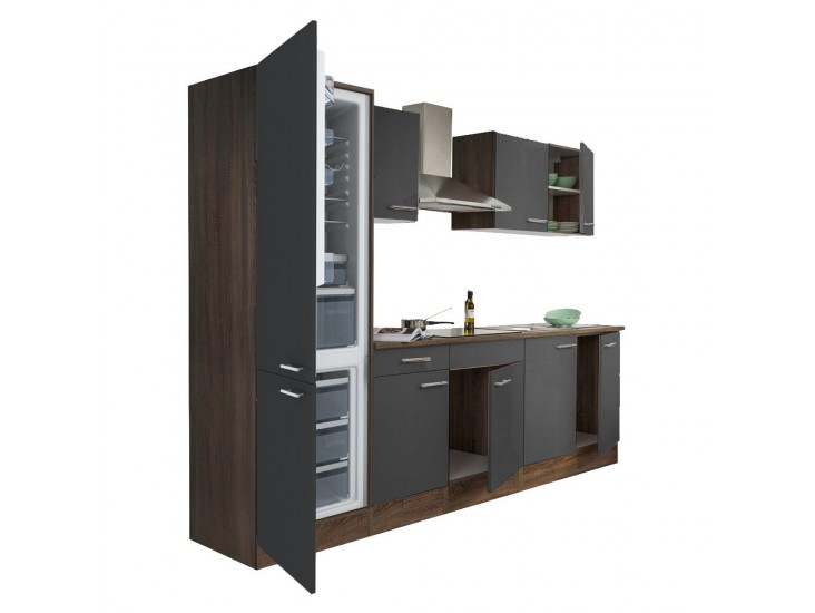 Yorki 270 konyhabútor yorki tölgy korpusz,selyemfényű antracit fronttal alulfagyasztós hűtős szekrénnyel