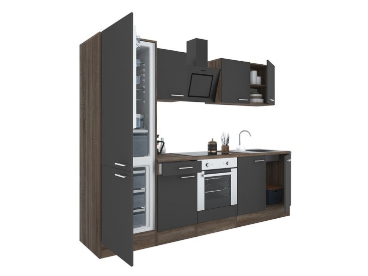 Yorki 270 konyhabútor yorki tölgy korpusz,selyemfényű antracit front alsó sütős elemmel alulfagyasztós hűtős szekrénnyel