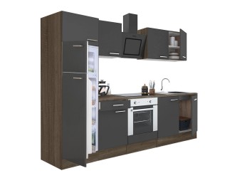 Yorki 270 konyhabútor yorki tölgy korpusz,selyemfényű antracit front alsó sütős elemmel felülfagyasztós hűtős szekrénnyel