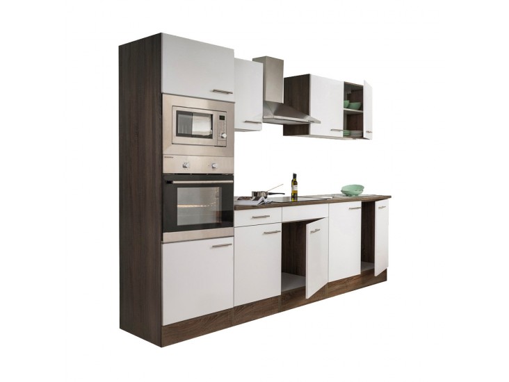 Yorki konyhabútor Yorki tölgy korpusszal, selyemfényű fehér fronttal 270 cm-es méretben