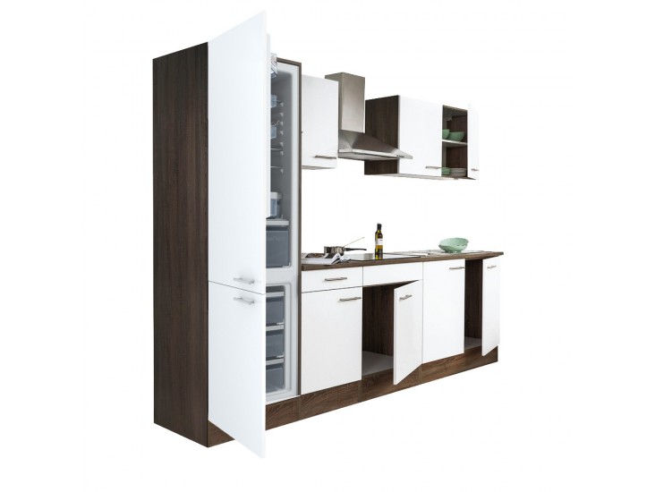 Yorki 270 konyhabútor yorki tölgy korpusz,selyemfényű fehér fronttal alulfagyasztós hűtős szekrénnyel