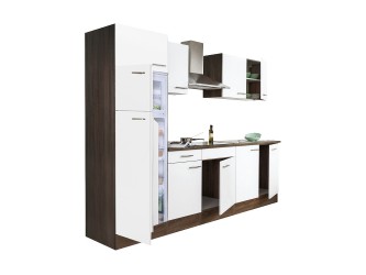 Yorki 270 konyhabútor yorki tölgy korpusz,selyemfényű fehér fronttal felülfagyasztós hűtős szekrénnyel