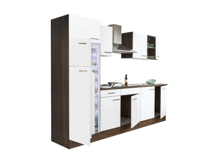 Yorki 270 konyhabútor yorki tölgy korpusz,selyemfényű fehér fronttal felülfagyasztós hűtős szekrénnyel