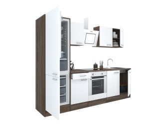 Yorki 270 konyhabútor yorki tölgy korpusz,selyemfényű fehér front alsó sütős elemmel alulfagyasztós hűtős szekrénnyel