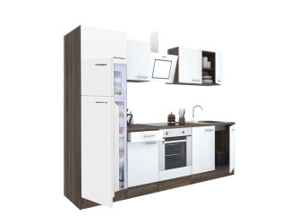 Yorki 270 konyhabútor yorki tölgy korpusz,selyemfényű fehér front alsó sütős elemmel felülfagyasztós hűtős szekrénnyel