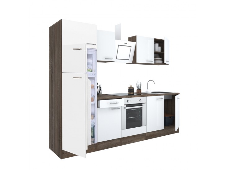 Yorki 270 konyhabútor yorki tölgy korpusz,selyemfényű fehér front alsó sütős elemmel felülfagyasztós hűtős szekrénnyel