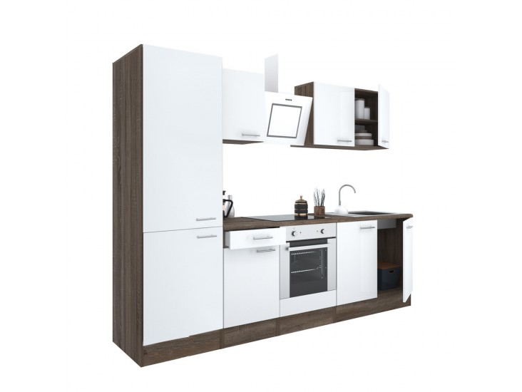 Yorki 270 konyhabútor yorki tölgy korpusz,selyemfényű fehér front alsó sütős elemmel polcos szekrénnyel