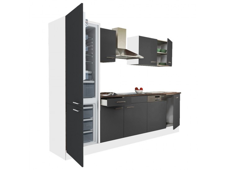 Yorki 280 konyhabútor fehér korpusz,selyemfényű antracit fronttal alulfagyasztós hűtős szekrénnyel