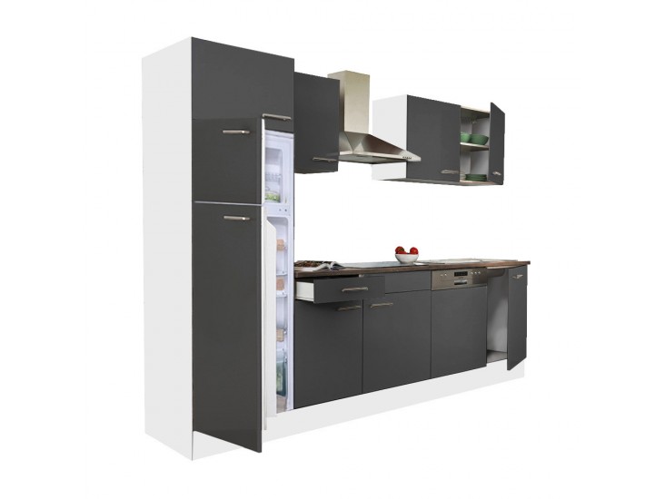 Yorki 280 konyhabútor fehér korpusz,selyemfényű antracit fronttal felülfagyasztós hűtős szekrénnyel