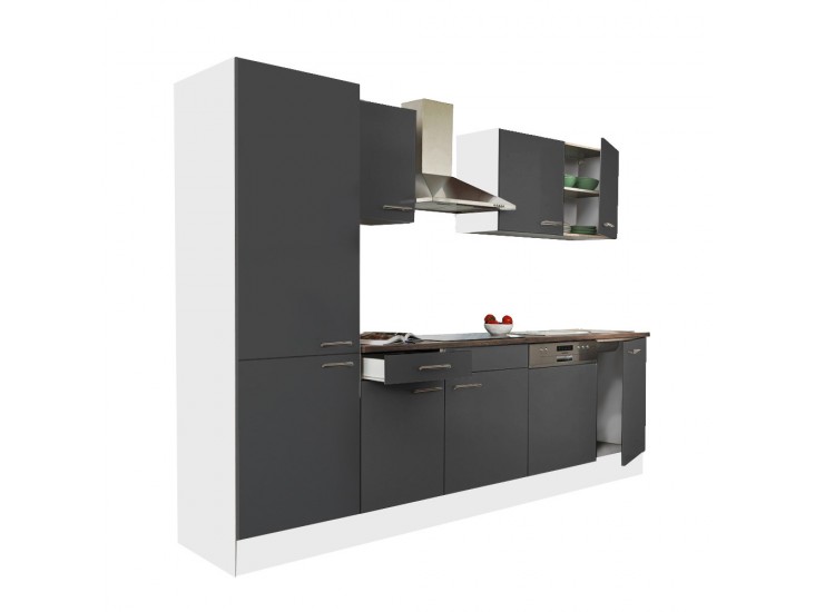 Yorki 280 konyhabútor fehér korpusz,selyemfényű antracit fronttal polcos szekrénnyel