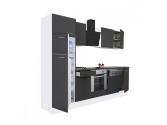 Yorki 280 konyhabútor fehér korpusz,selyemfényű antracit front alsó sütős elemmel felülfagyasztós hűtős szekrénnyel