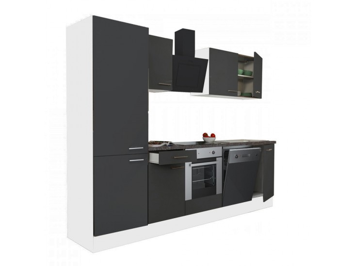 Yorki 280 konyhabútor fehér korpusz,selyemfényű antracit front alsó sütős elemmel polcos szekrénnyel