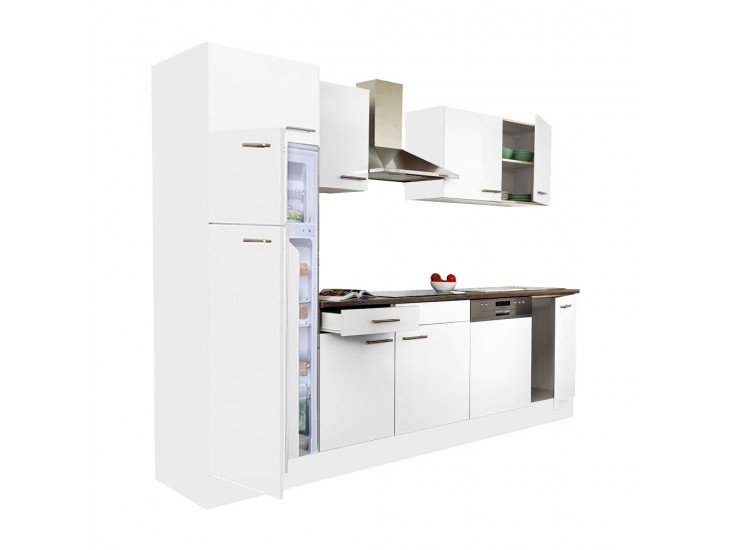 Yorki 280 konyhabútor fehér korpusz,selyemfényű fehér fronttal felülfagyasztós hűtős szekrénnyel