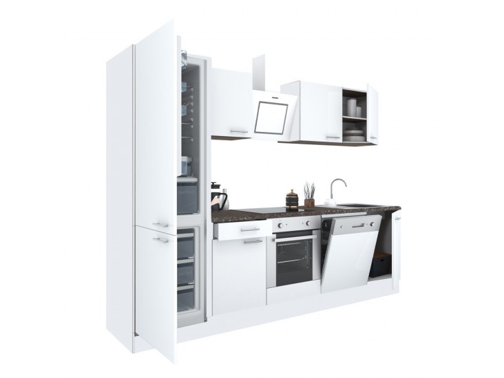 Yorki 280 konyhabútor fehér korpusz,selyemfényű fehér front alsó sütős elemmel alulfagyasztós hűtős szekrénnyel