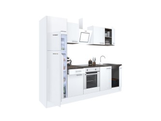 Yorki 280 konyhabútor fehér korpusz,selyemfényű fehér front alsó sütős elemmel felülfagyasztós hűtős szekrénnyel