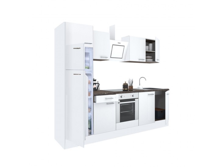 Yorki 280 konyhabútor fehér korpusz,selyemfényű fehér front alsó sütős elemmel felülfagyasztós hűtős szekrénnyel