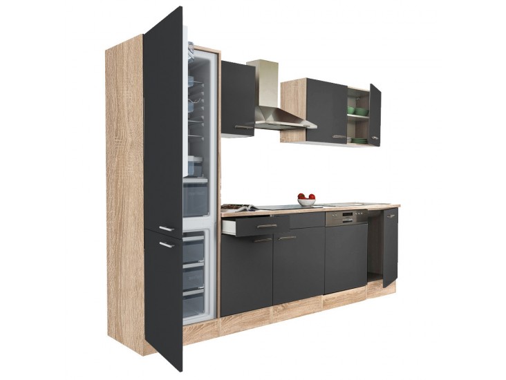Yorki 280 konyhabútor sonoma tölgy korpusz,selyemfényű antracit fronttal alulfagyasztós hűtős szekrénnyel